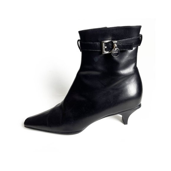 Prada | Black Leather Buckle Kitten Heel Boots - Picture 1 of 10